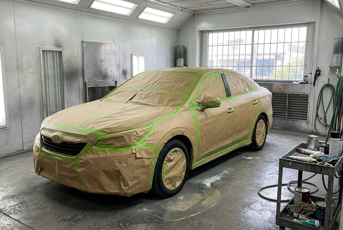 Painter spraying a car panel in a paint booth at an Upland, CA body shop