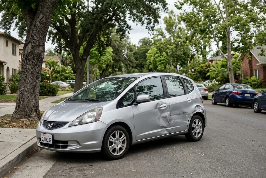 Compact car with door damage at a body shop serving Claremont, CA