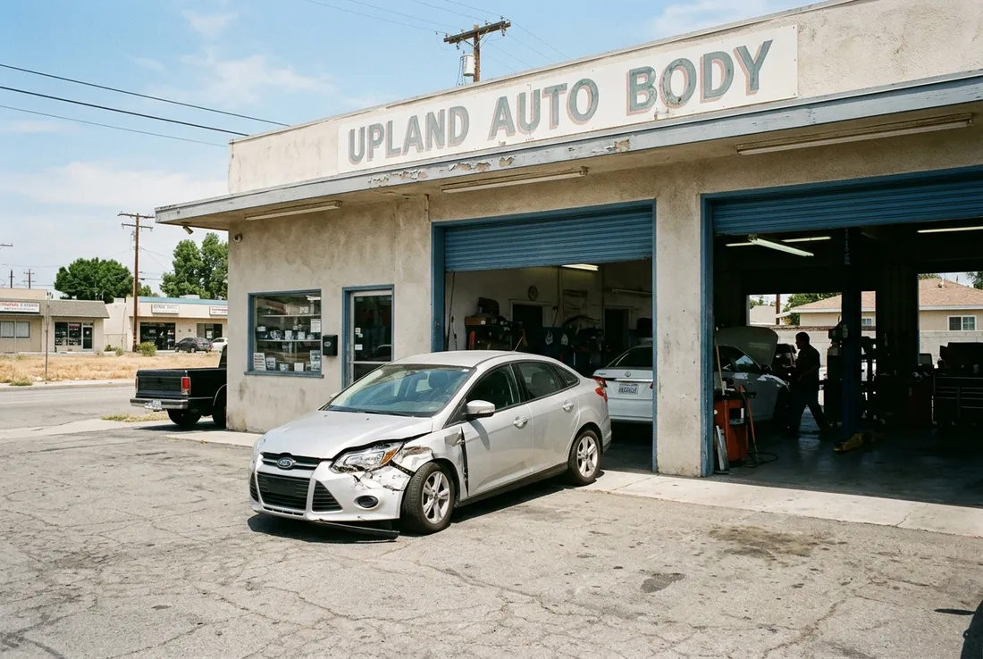 Front of an auto body shop building on Foothill Blvd in Upland, CA