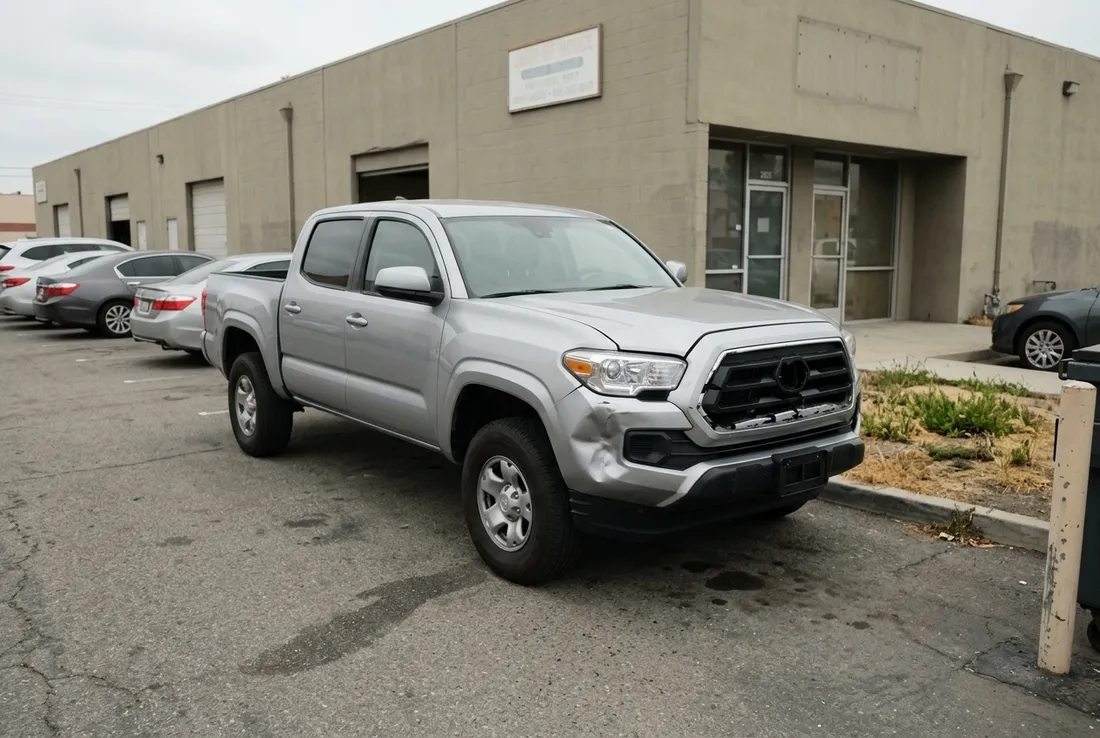 Pickup truck with fender damage at a body shop serving Ontario, CA