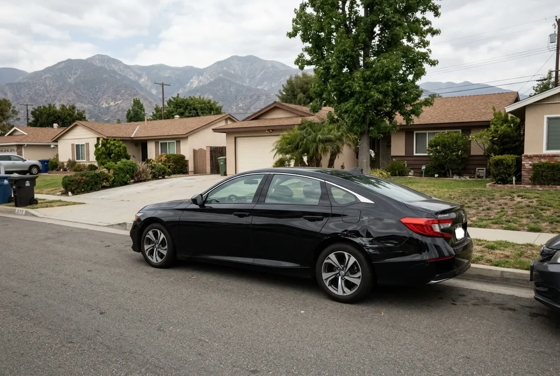 Sedan with rear damage outside a body shop serving Rancho Cucamonga, CA