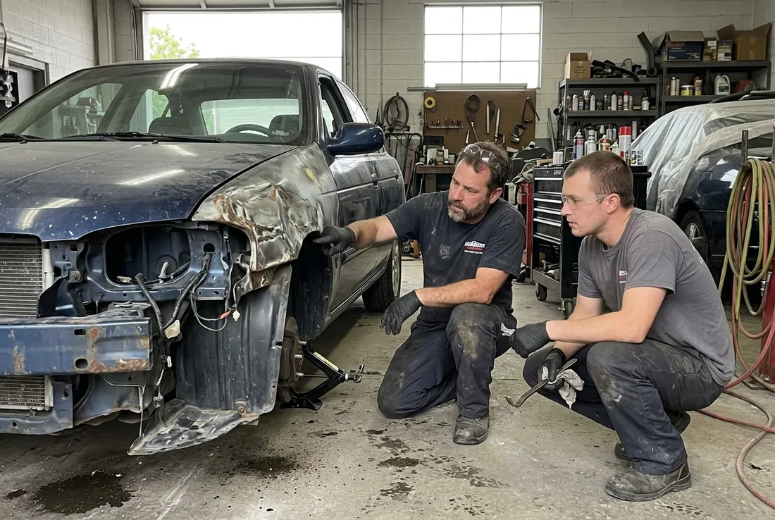 Technicians in the work bay of an auto body shop in Upland, CA