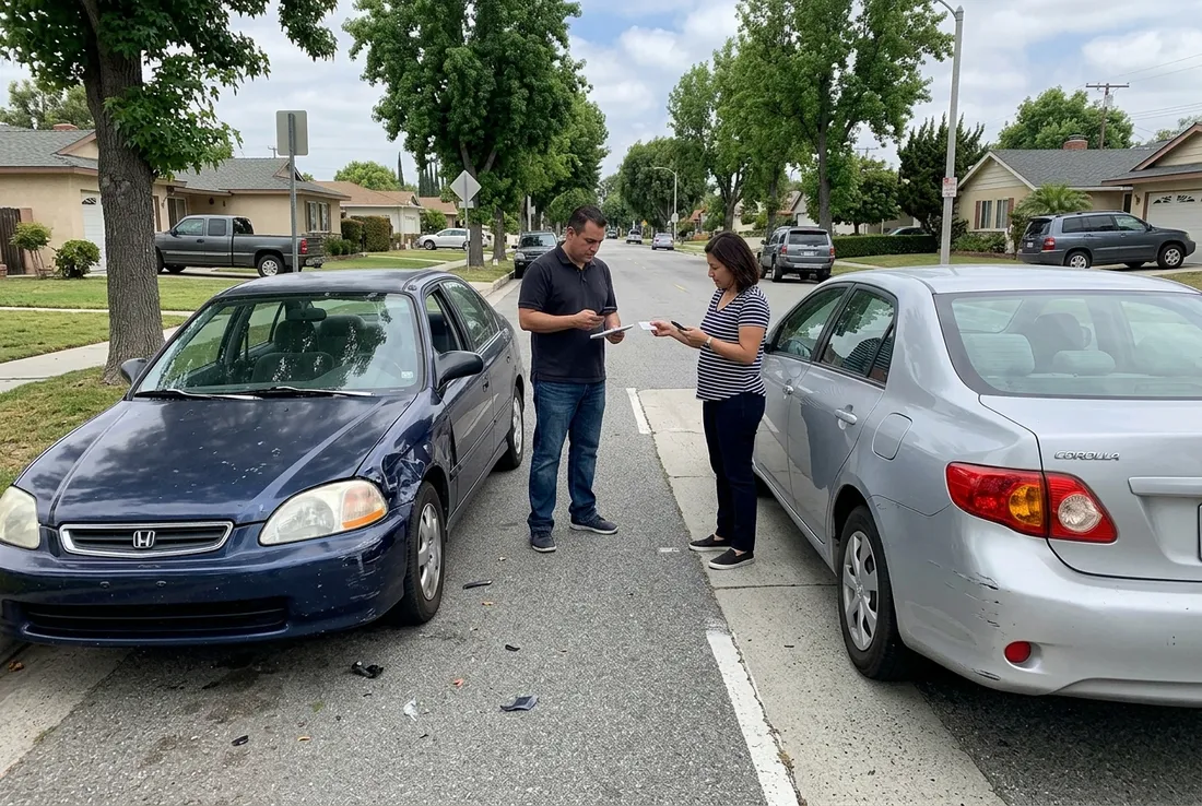 Two cars after a minor fender bender on a street in Upland, CA