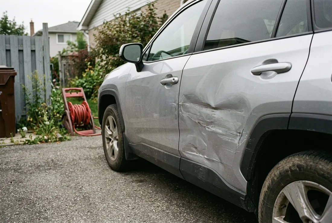 Technician removing a door dent on a sedan in Upland, CA