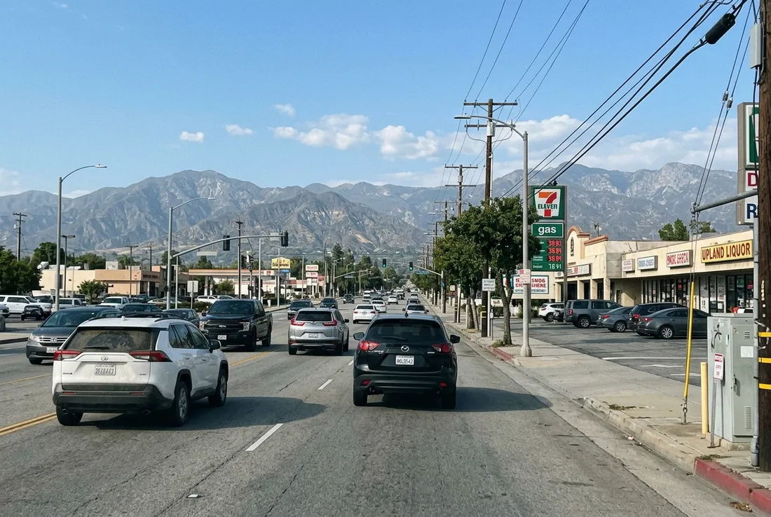 Street view near an auto body shop serving the Inland Empire from Upland, CA